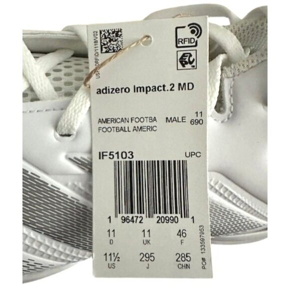 Adidas Adizero Impact 2 Spark White Molded Cleats IF5103 Men\'s Size‎ 11.5 NWT main image 5